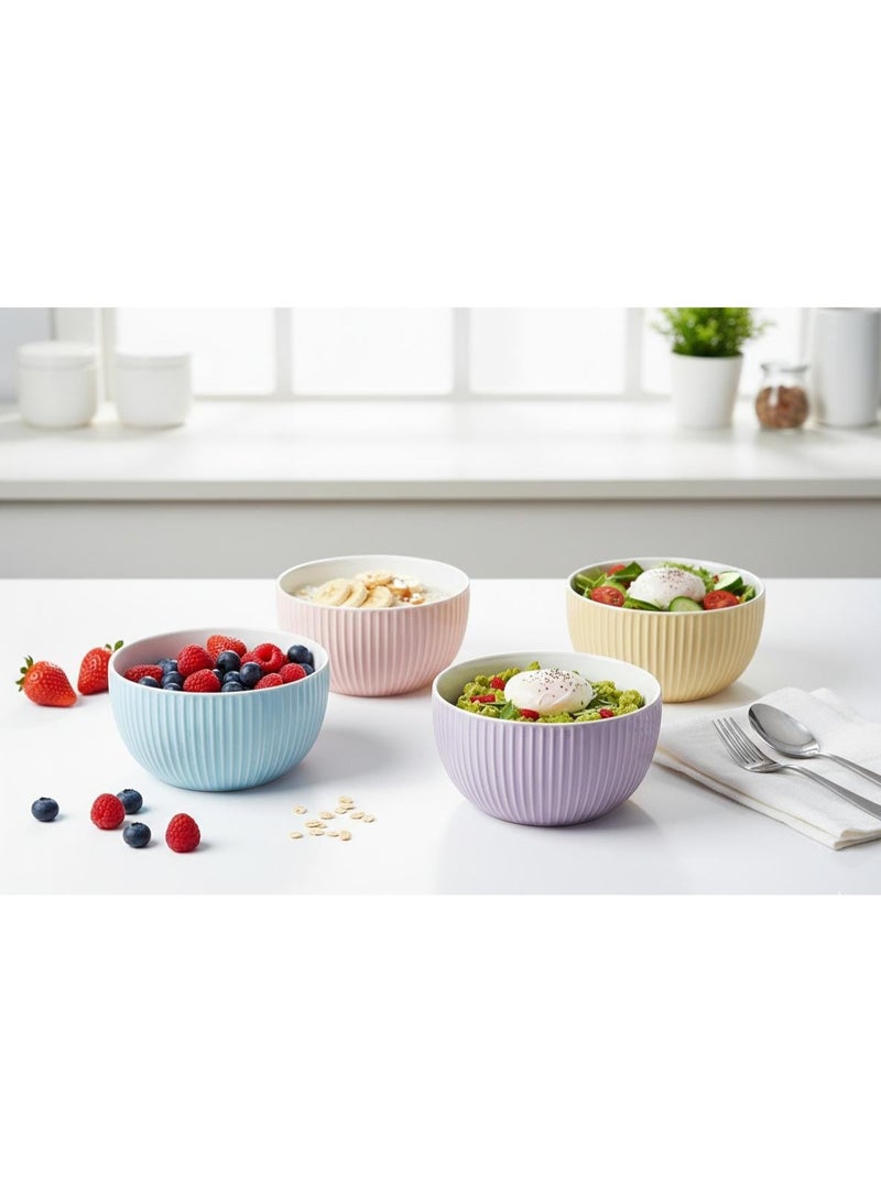 طقم ٤ بولات سيراميك مستديرة مضلّعة – ألوان باستيل متعددة – قطر ١٦ سم وارتفاع ٩ سم لكل بولة – تقديم شوربة وسلطات ومقرمشات للمطبخ العصري - Image 3